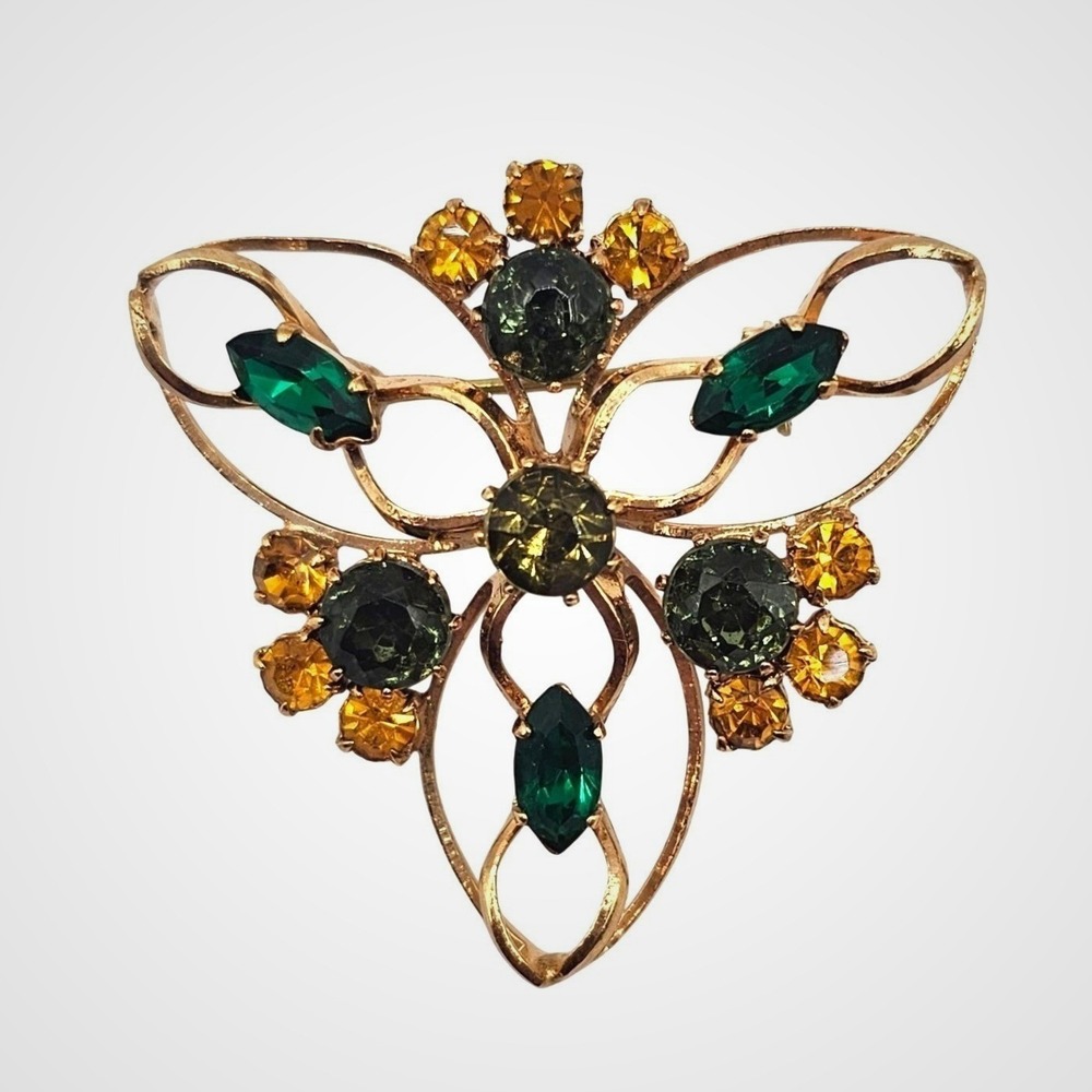 Vintage Rhinestone Brooch Gold Tone Green‎ Glass Openwork Pin Accessory
